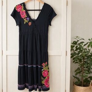 Johnny Was Womens Small Midi Dress Black Ruffle Hem Embroidered Floral Boho